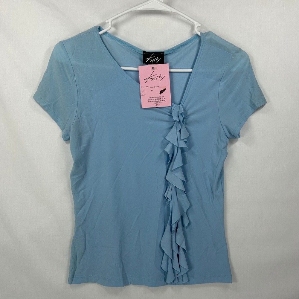 NWT Vintage Kaity Light Blue Ruffle Top – Y2K Asymmetrical Short Sleeve Tee (S)